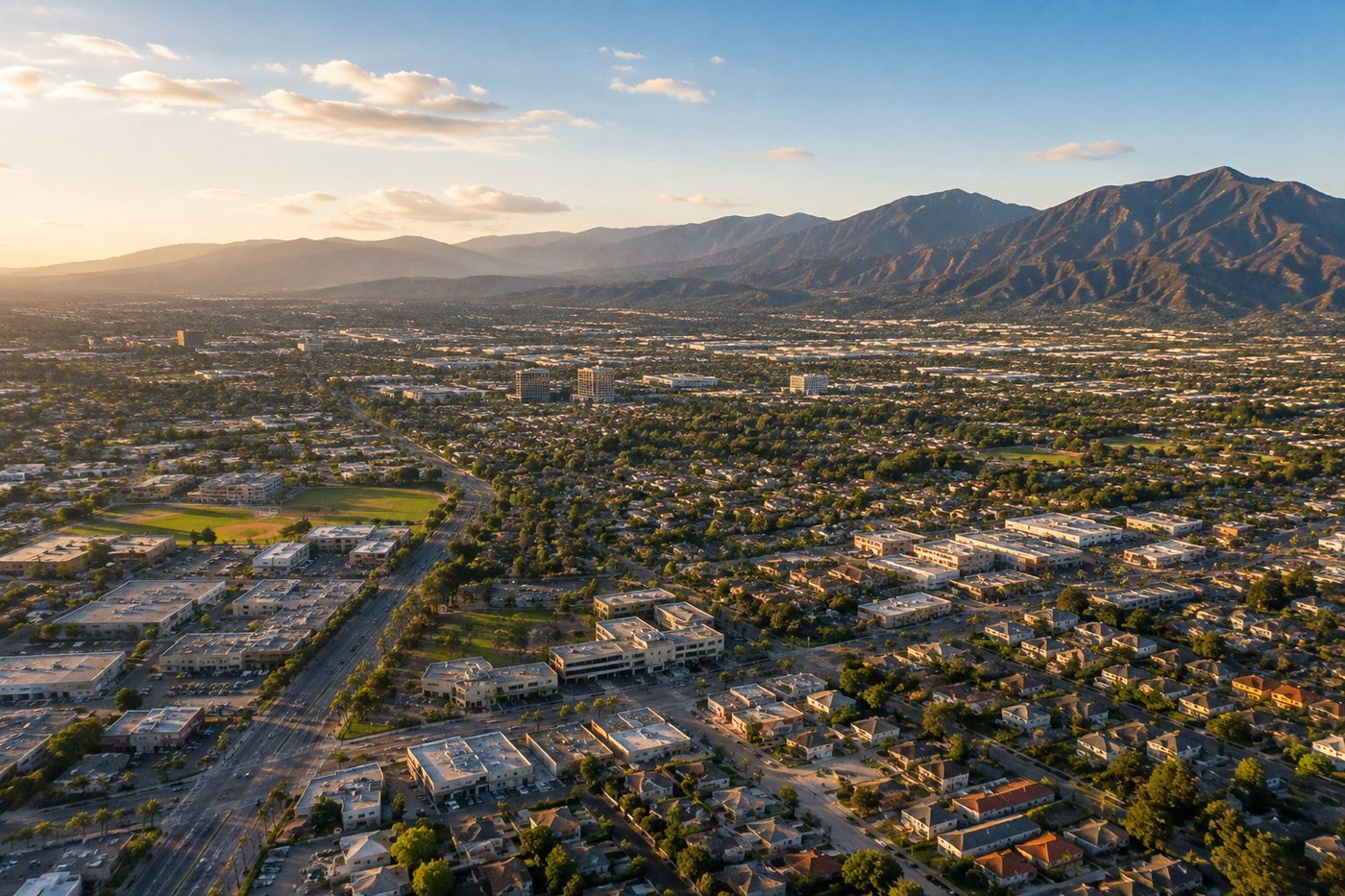 Homes and foothills across a Southern California valley at sunset